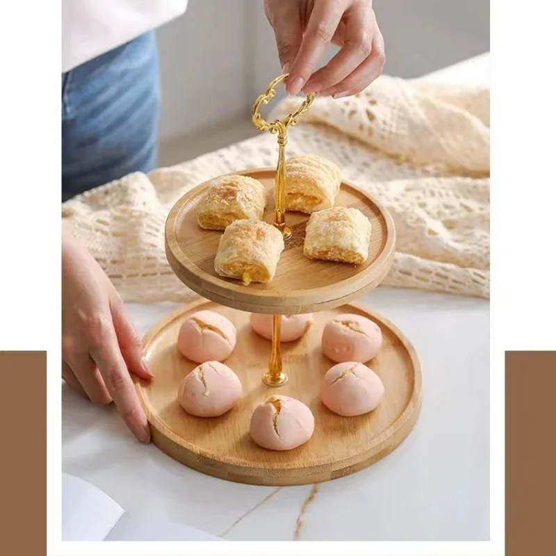 

Double-layer Tray 1PC Round Wooden Cake Fruit Display Dessert Shelf Afternoon Tea Snacks Tableware Household Ring Dish