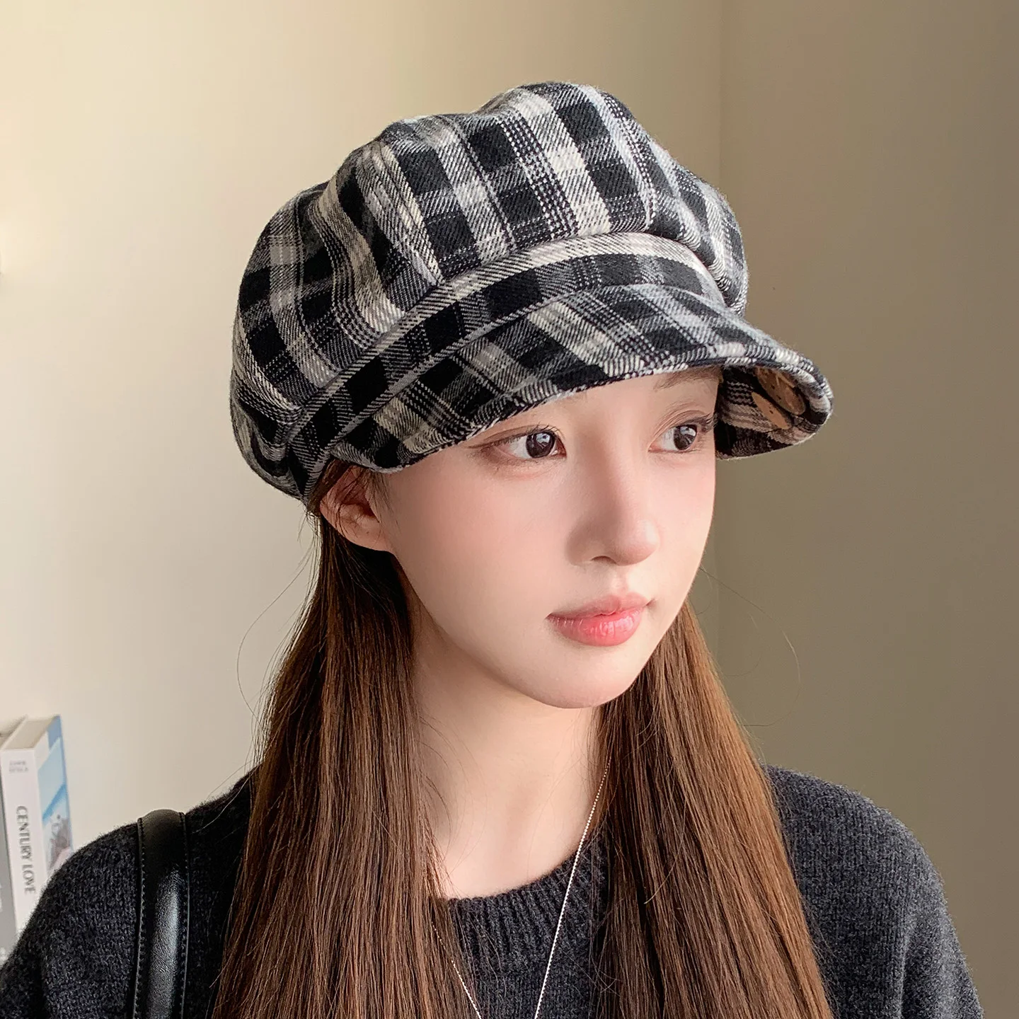 Korean Style Cute Glasses Button Beret Hat Women's Small Face Octagonal Hat Large Head Circumference Fashionable Painter Hat