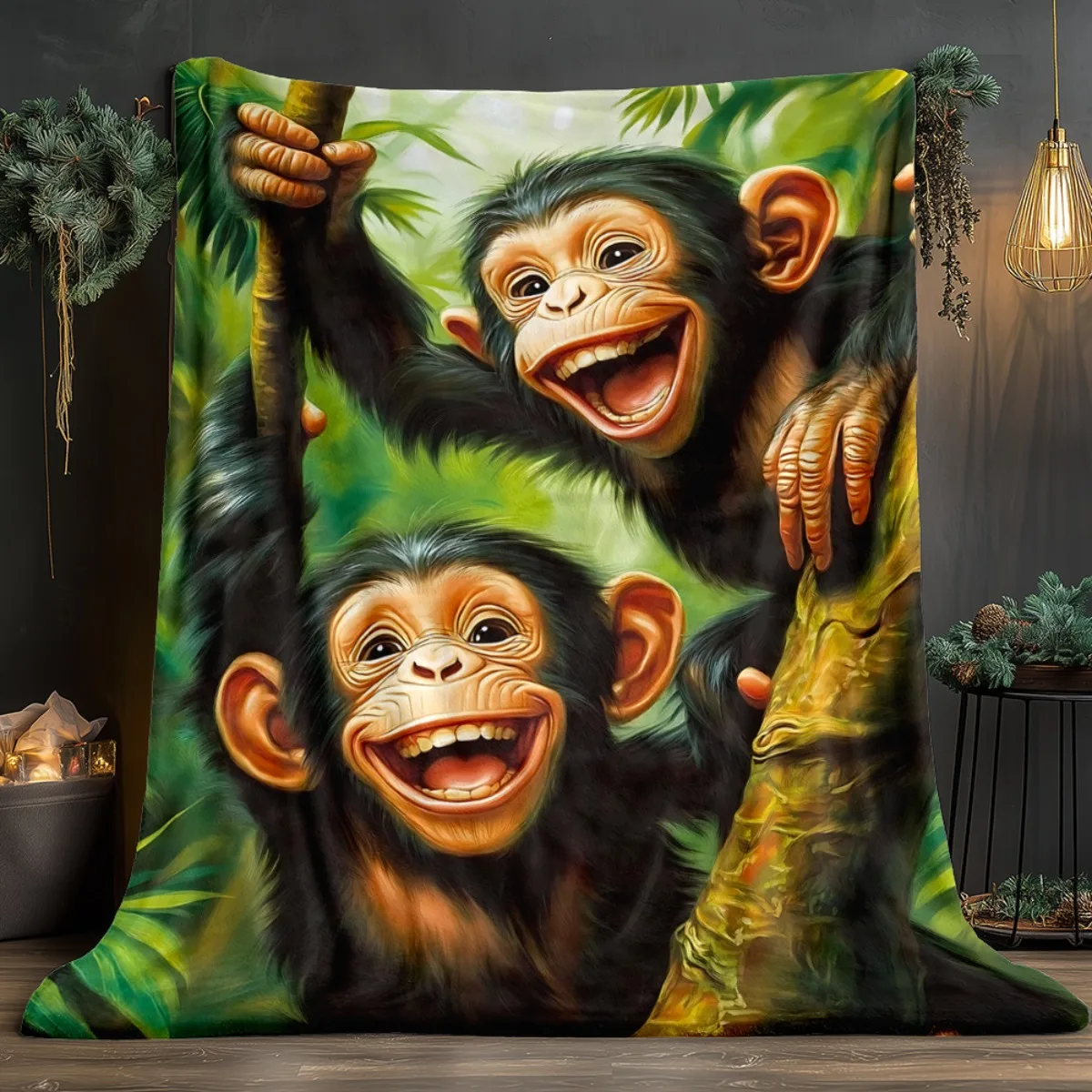 

Счастливые обезьяны, джунгли, дерево, художественное одеяло, фланелевое одеяло с животным принтом, декор для детской комнаты, забавное одеяло