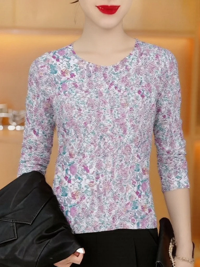 

Casual Style Long Sleeve Printed Top Women's Slim Fit Outerwear Breathable Polyester Fiber round Neck T-Shirt for Older Women