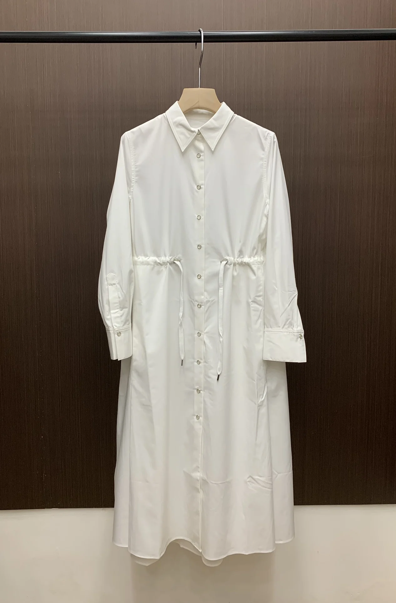 

24 Summer New B//C Elegant Solid Color Shirt Style Midi Dress Shiny Beaded Ring Fashion Waist Drawstring Dresses
