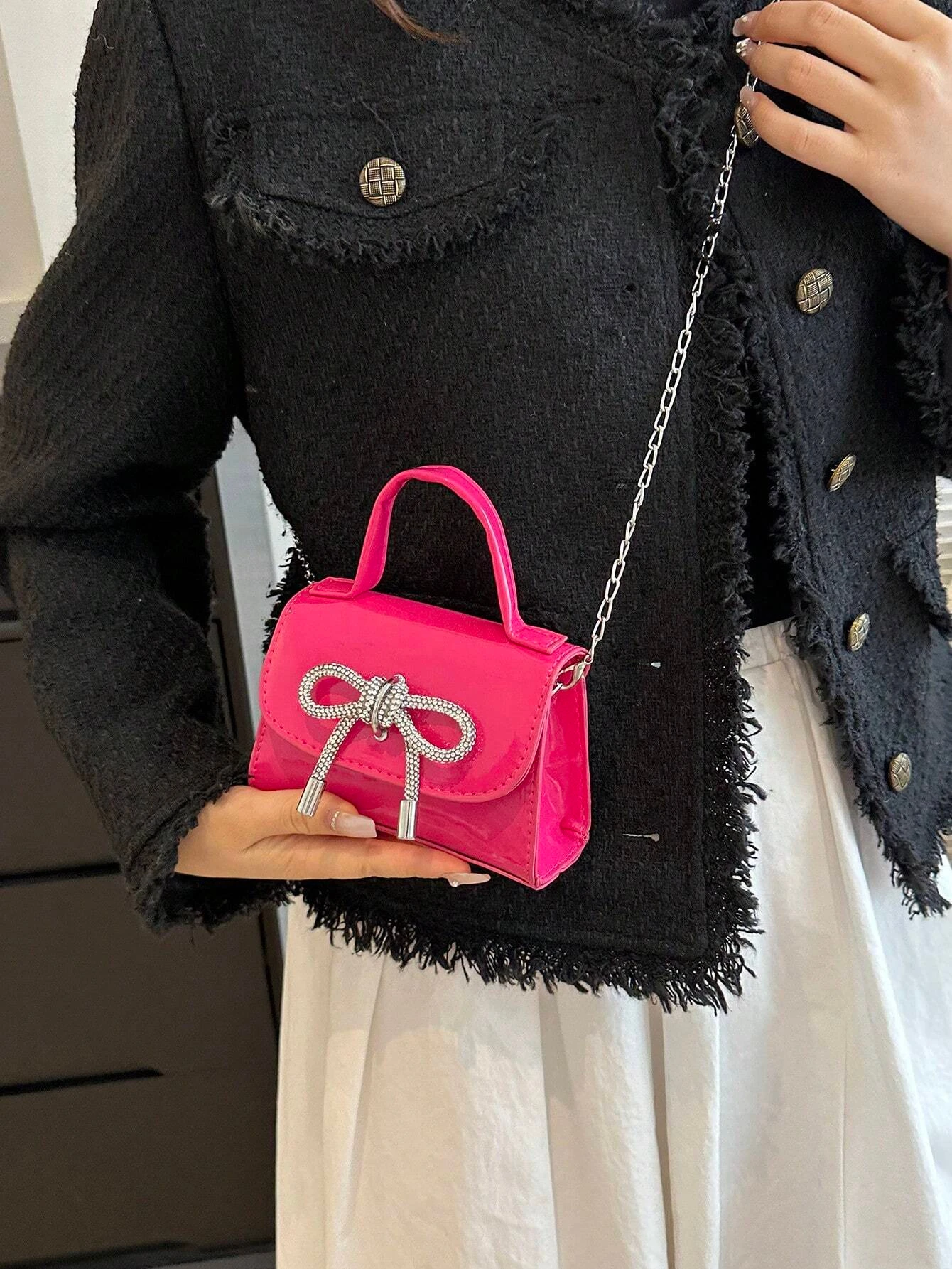 Mirror Pu Mini Handbag With Bow Decoration, Fashionable Shiny Butterfly Decorated Mini Handbag Crossbody Bag For Women Girls