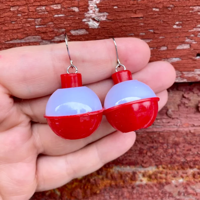 Red & White Real Fishing Bobber Unique Novelty Dangle Earrings