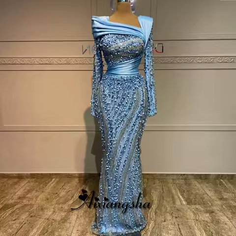 Aixiangsha Exquisite Beadings Evening Dress for Women Jewel Neck Full Sleeves Ceremony Gowns Robe De Soiree Customized
