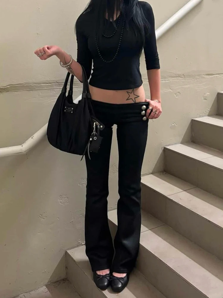 REDDACHiC Vintage Black Tight Jeans for Women Grunge Double-belt Low Waist Stretchy Bootcut Denim Leggings Hotties Streetwear