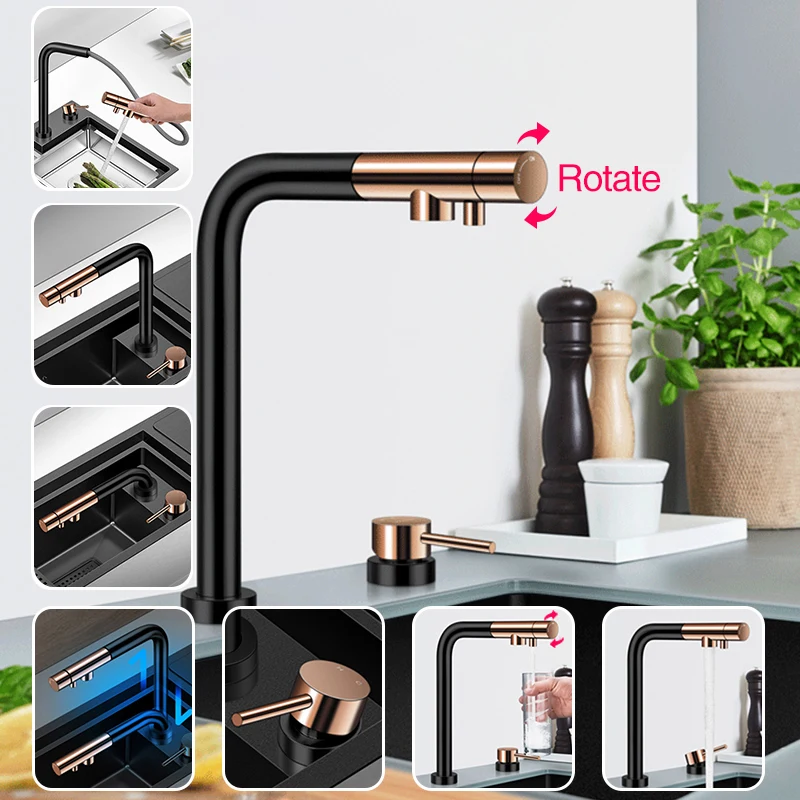 ASRAS Three-in-one Independent Switch Kitchen Lifting Faucet Hot And Cold Water Filter Water Pull Out Kitchen Faucets
