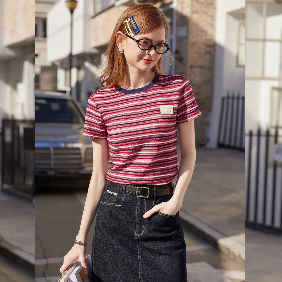 LOUIS YAO Stripe Short Sleeve Shirt 2026 Summer Top Vintage Youthful  Short Sleeve Slight Stretch Women's Knitted T-Shirts