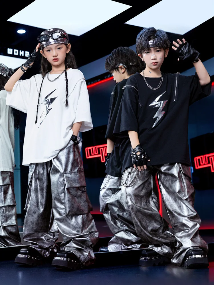 

Kid Hip Hop Clothing White Black Zipper T Shirt Silver Tie Dye Parachute Cargo Pants Shorts for Girl Boy Dance Costumes Clothes