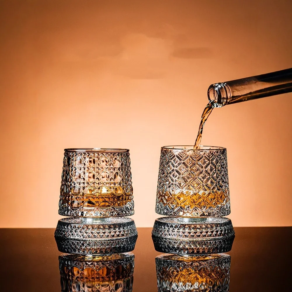 360 Degree Rotating Whiskey Glass Spinning Crystal Wine Glass With Stress Relief Function For Birthday Father's Day Gift Cup