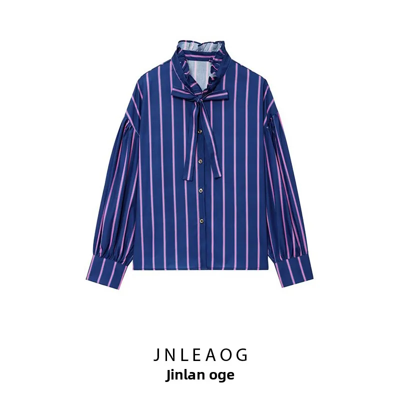 

Модная полосатая рубашка с бантом для женщин, новинка весенней коллекции, повседневная, прямого кроя, с длинными рукавами, из полиэфирного волокна, устойчивого к износу.