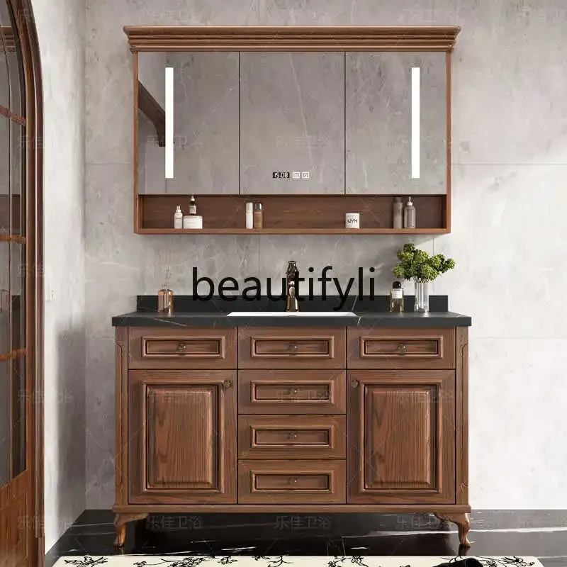 F185 Red Oak American Bathroom Cabinet Slate Antique Solid Wood Bathroom Cabinet Toilet Wash Table Smart Mirror Hand Wash Basin