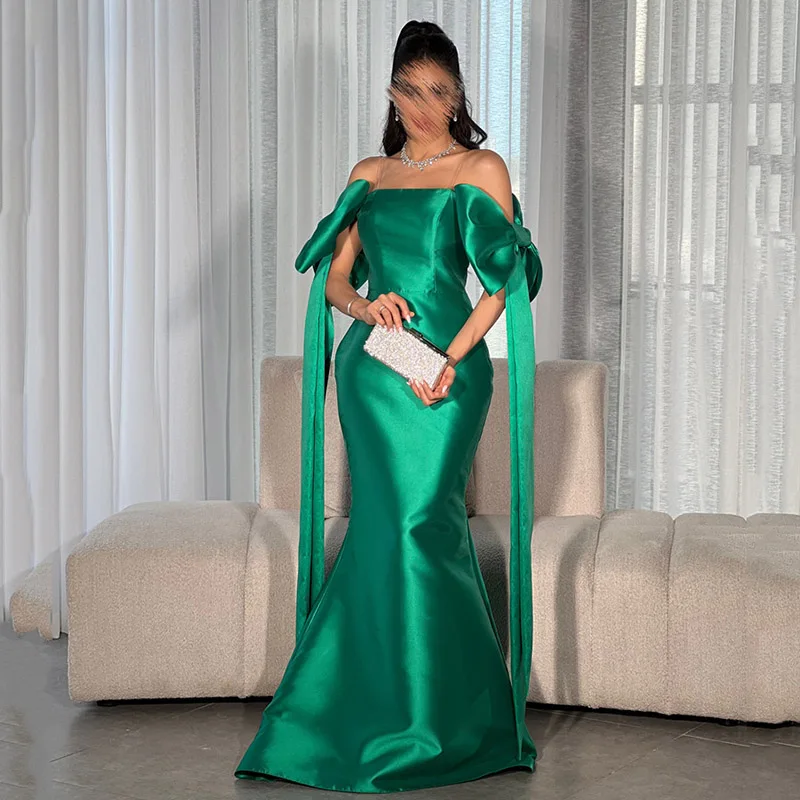 

Smileven Green Evening Dress Big Bows Off The Shoulder Prom Dresses Saudi Arabia Formal Evening Party Gowns 2024 With Train