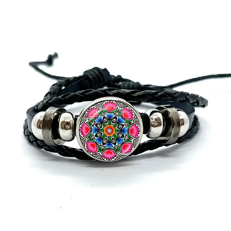 Poland Folk Art Flowers Leather Bracelets Glass Dome Snap Button Bracelet & Bangles Fashion Women Men Jewelry Gift