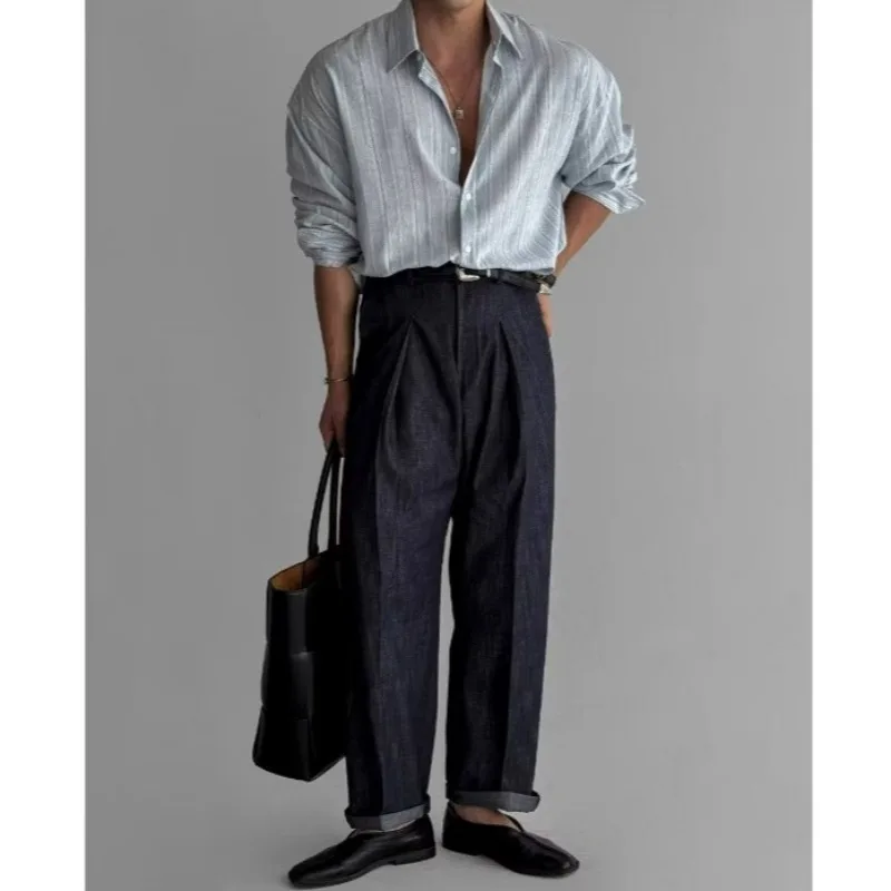 Spring Autumn Striped Long-sleeved Shirts for Men Retro Korean Style Inch Casual Iron-free Lightweight Sun Protection