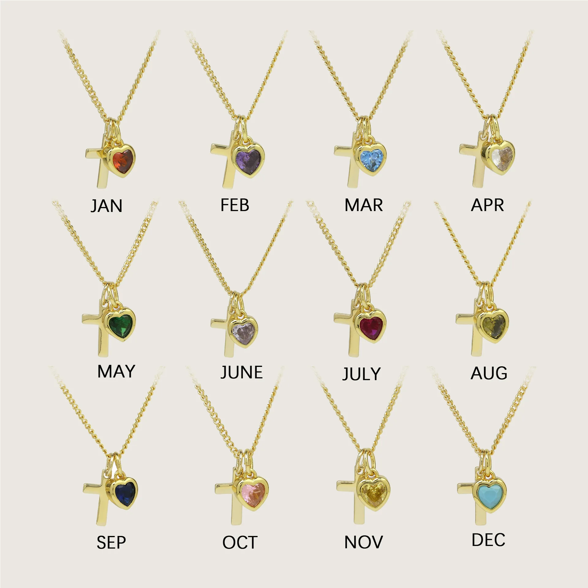 Fashion Colorful Zircon Heart-shaped Cross Necklace for Women Men Golden Birthstone Cross Necklace Birthday Jewellery Gift