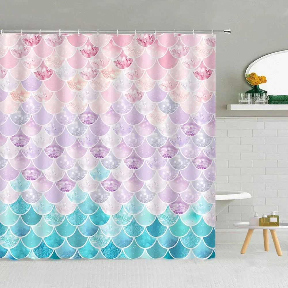 Colourful Fish Scale Shower Curtain with Mermaid Tail Textured Geometric Pattern Modern Ocean Kids Girls Bathroom Decoration