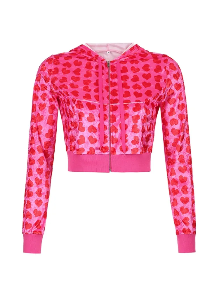 Felpe con cappuccio Crop in velluto con stampa cuore rosa da donna Zip Up Y2K felpe ritagliate a maniche lunghe cappotto