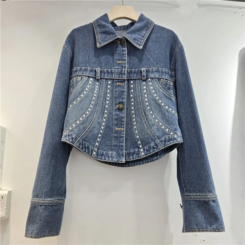 

Autumn Women Fashion Diamond Blue Short Denim Jacket Irregular Hem Lapel Single-Breasted Long Sleeve Cowboy Outerwear Streetwear