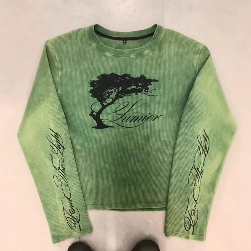 Retro Gothic Y2K American Streetwear Printed Long Sleeve Crew Neck Ribbed T Shirt Hip Hop Loose Ins Tops