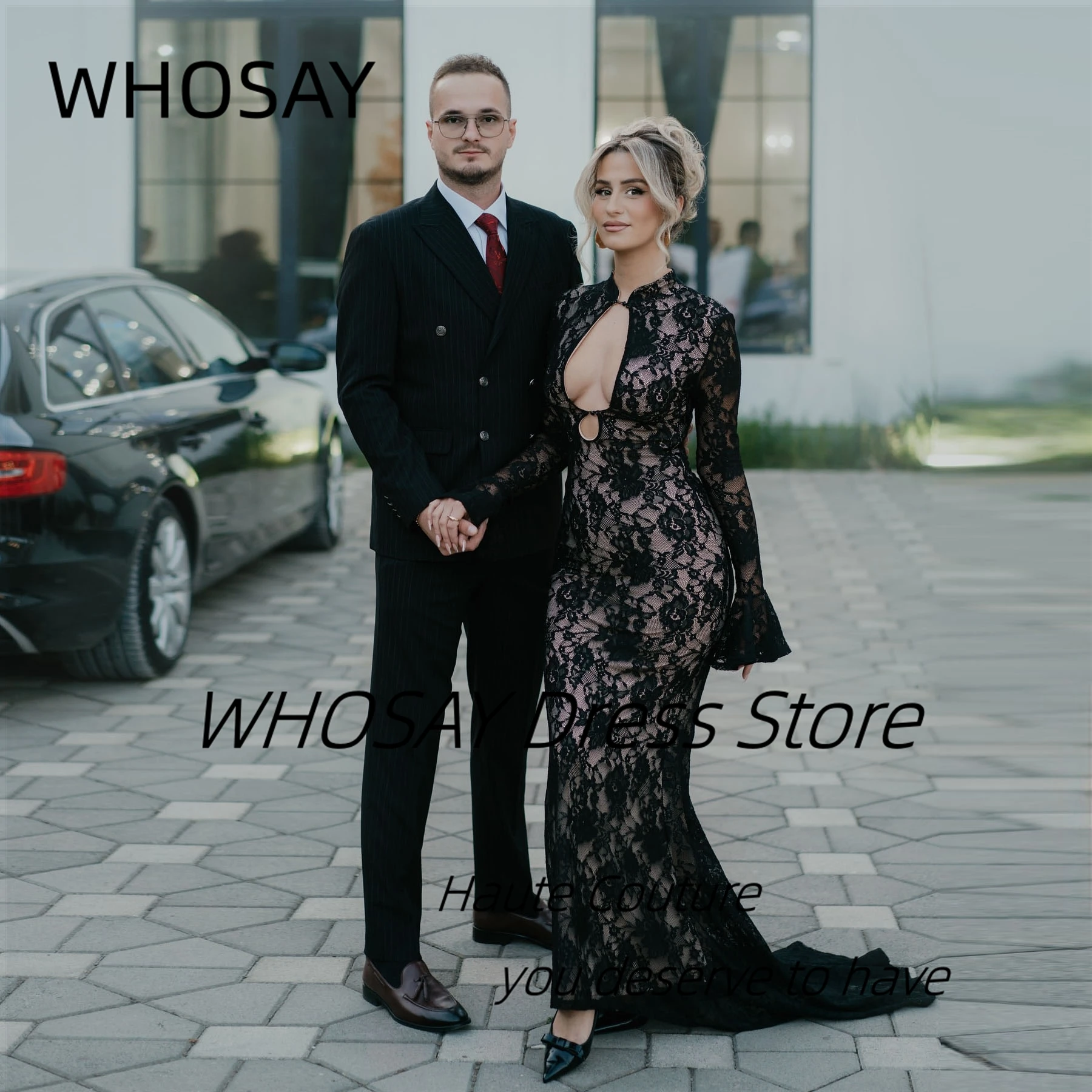 

WHOSAY Черные кружевные платья для выпускного вечера Сексуальный вырез с длинными рукавами Вечерние платья с скользящим шлейфом Саудовская вечеринка Вечернее платье по индивидуальному заказу