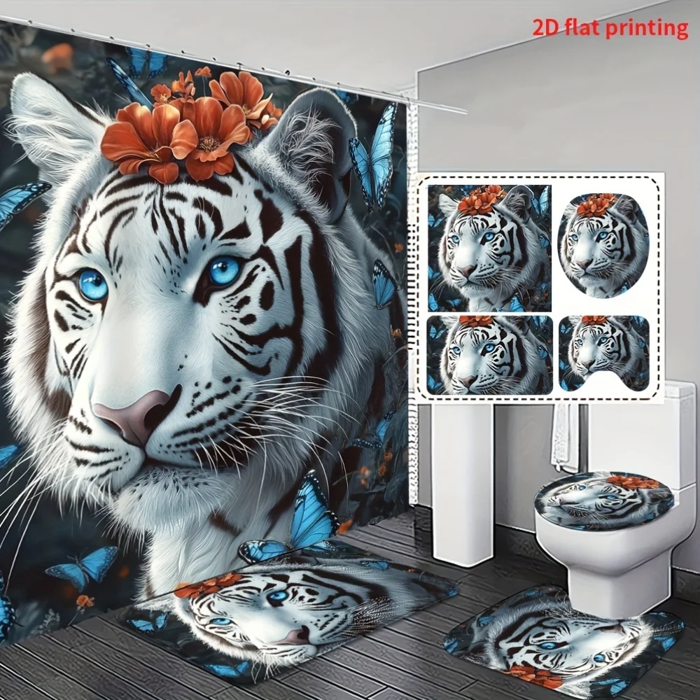 

4pcs White Tiger 2D Flat Shower Curtain and Bath Mat Set - Non-Slip Absorbent Bathroom Rugs with Matching Toilet Lid Cover,