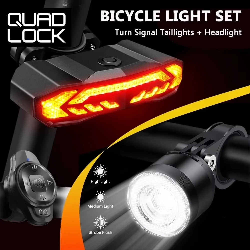 

QUAD LOCK Bike Headlight and Taillight Anti-theft Alarm Turn Signals Light Waterproof Flashlight USB Charge MTB Road