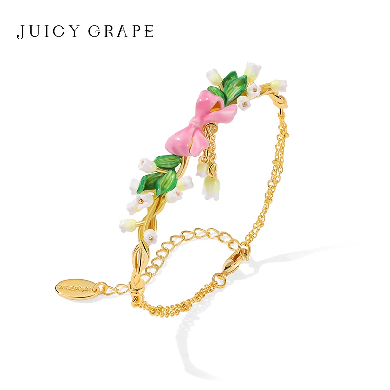 

JUICY GRAPE 18K Gold-Plated Pink Bow Bellflower Bracelet Half Bangle Bracelet French Style Gift for Girlfriends or Best Friends