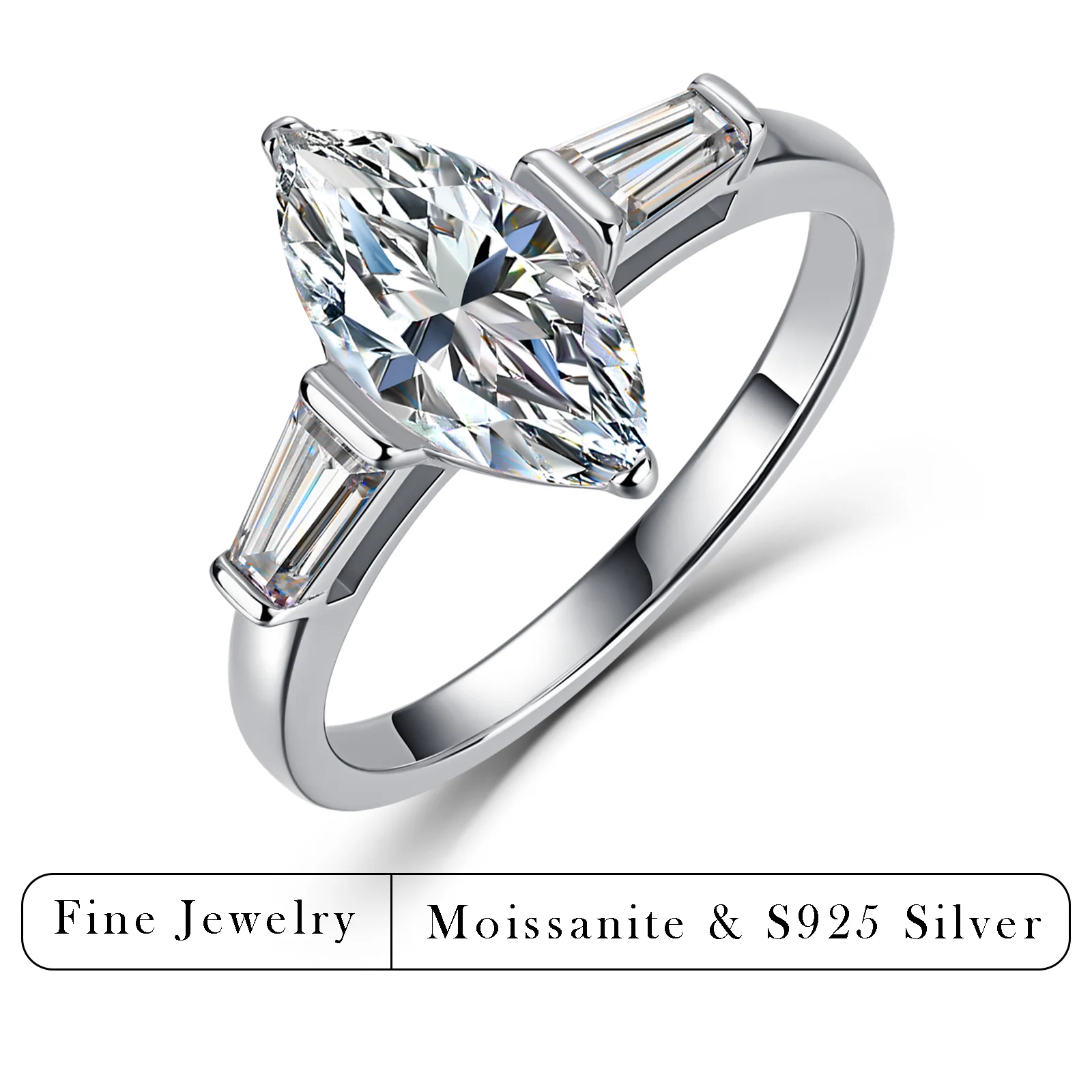 2.6 CTW S925 Silver Marquise Cut Moissanite Solitaire Ring with Baguette Side Stones Four Prong Setting Fine Jewelry Engagement