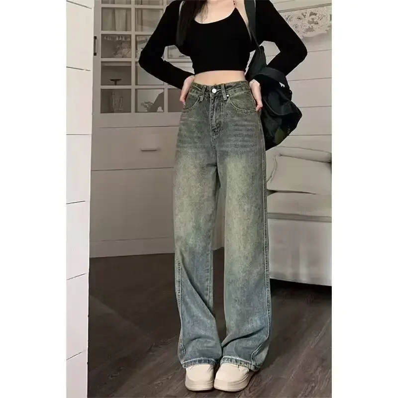 Moda feminina retro chique jeans y2k casual baggy perna larga vintage em linha reta calças femininas elegante senhora do escritório solto calças selvagens