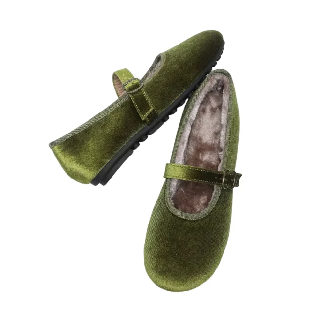 Women Warm Winter Flats Round Toe Buckle Strap Cute Shoes Green Orange Wide Fits Comfortable Mary Janes  35 43 26cm Retro Style