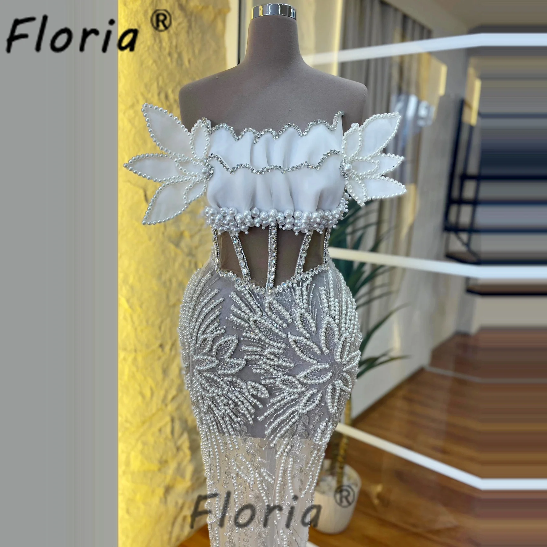 Elegant Ivory Pearls Beaded Prom Dress Flower Leaves Customized Mermaid Wedding Party Dresses Celebrity vestidos de gala mujer