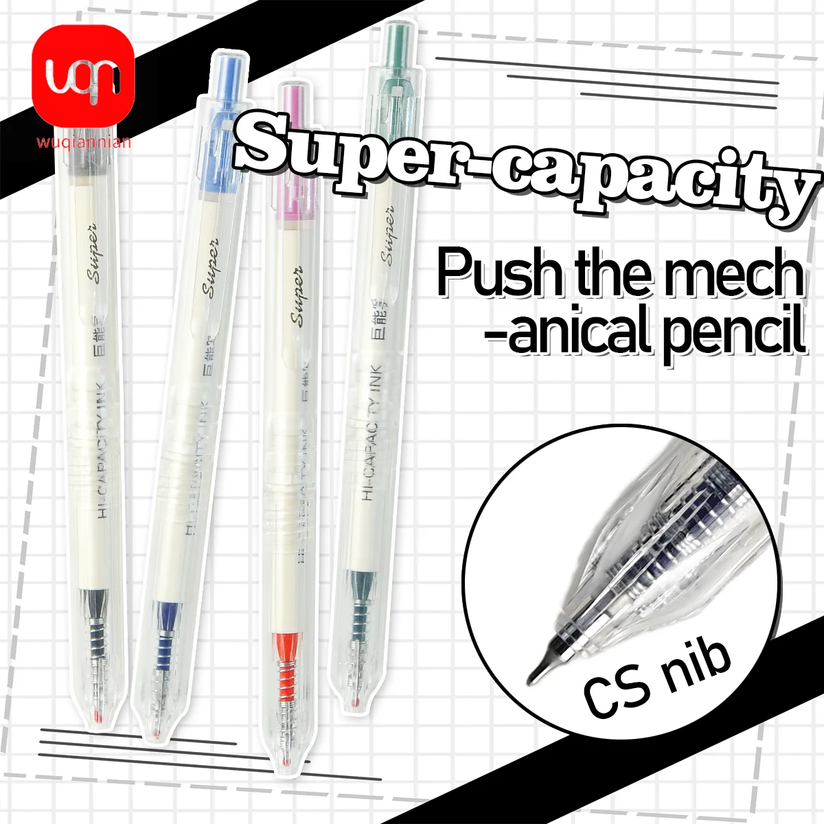 WQN-12pcs Large Capacity Colored Click Gel Pens, Quick-Dry and Smooth, for Exam Practice, Black Ink, Office Supplies