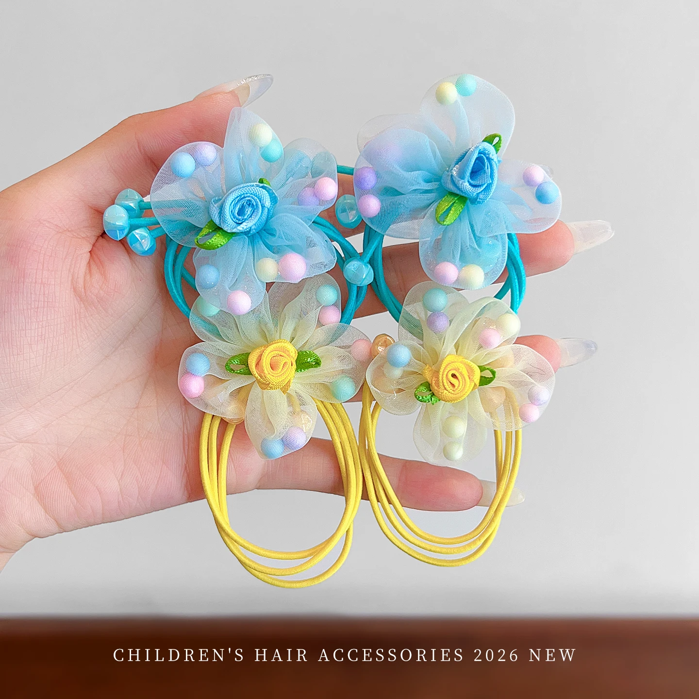 2026 Neue Süße Makronen-Farbige Blumen-Haargummis für Mädchen und Frauen Organza-Tüll-Stoff Rosen-Elastikband Accessoires – Detail 9