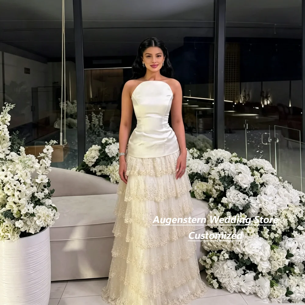 Customized White Satin Strapless Tiered Tulle Mother Of The Bride Gown Beaded Ruffle Skirt For Wedding Formal Party Plus Size
