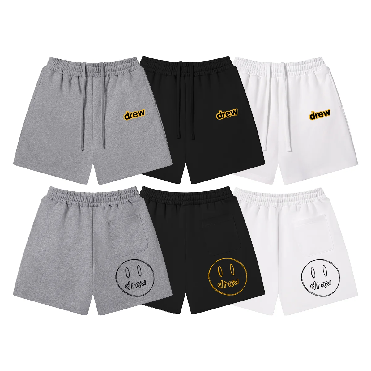Smiley Face Letter Print Sweat Shorts Men Women Drawstring Elastic Waist Casual Sports Shorts Unisex Hip Hop Streetwear Pocket