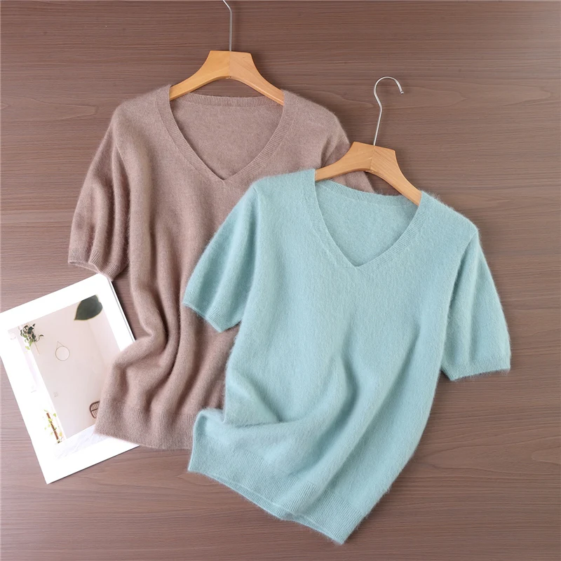

Женская весенне-осенняя футболка из 100% чистого норкового кашемира с короткими рукавами, свитер, женский вязаный однотонный пуловер с v-образным вырезом