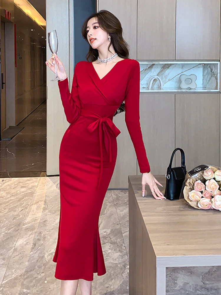 

Casual Sweet Maxi Dresses Women Elegant Red Black Long Sleeve Bandage Skinny Wrap Hip Fishtail Robe Party Banquet Mujer Vestidos