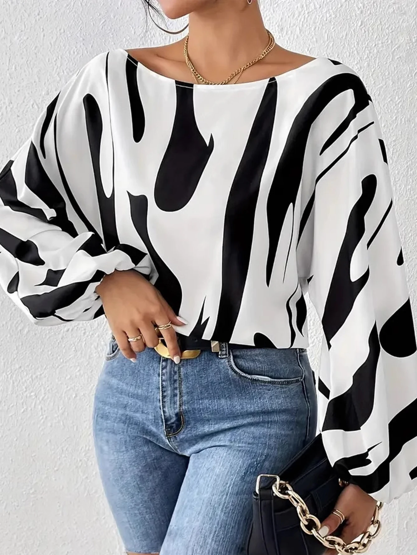 

Осенние блузки 2025 г., женские повседневные блузки с длинными рукавами-фонариками и круглым вырезом, свободные базовые блузки