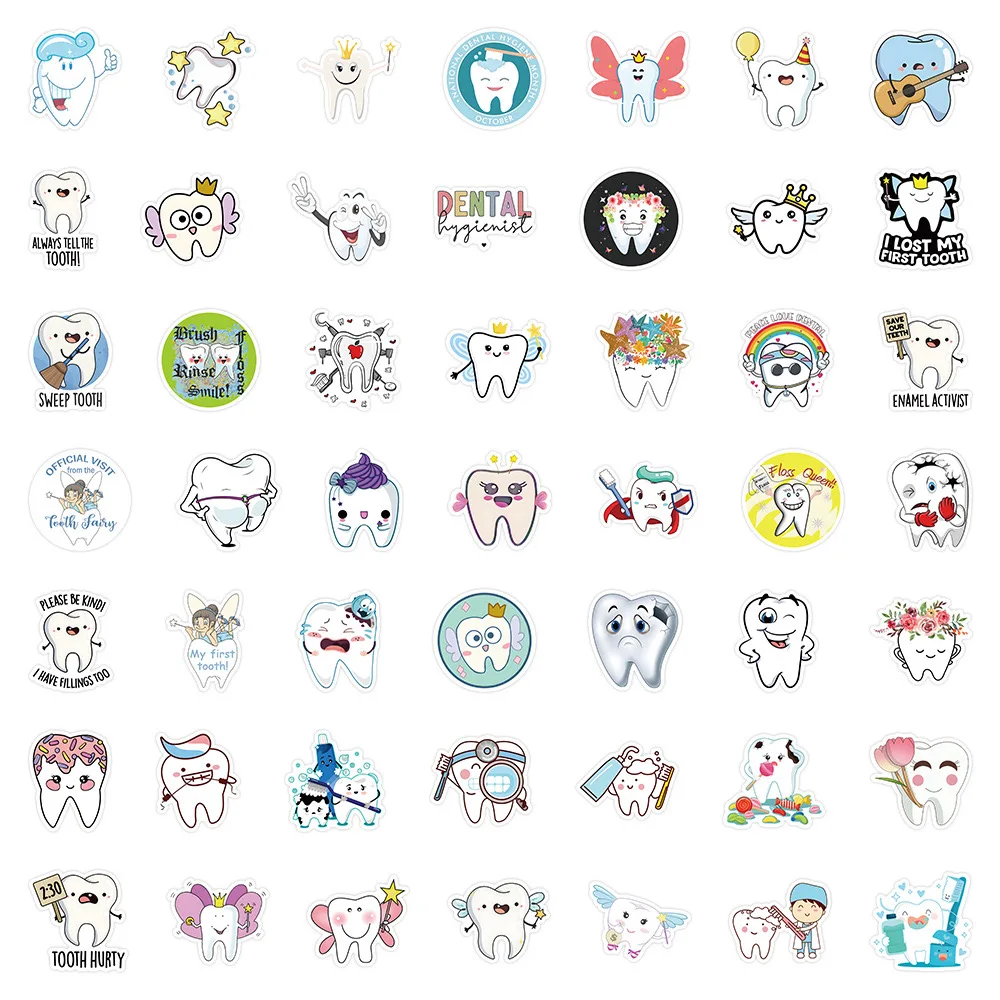 

50Pcs Cute Dental Tooth Shaped Stickers Dentist Store Toothbrush Cartoon Teeth Sticker Wallstickers Decoration Dentistry Gifts ﻿