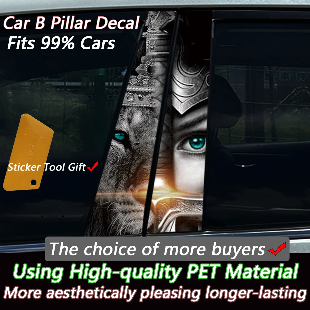 2PCS Warrior Goddess with Lion Face Split Car B Pillar Sticker Waterproof Vinyl Decal Door Column Decor