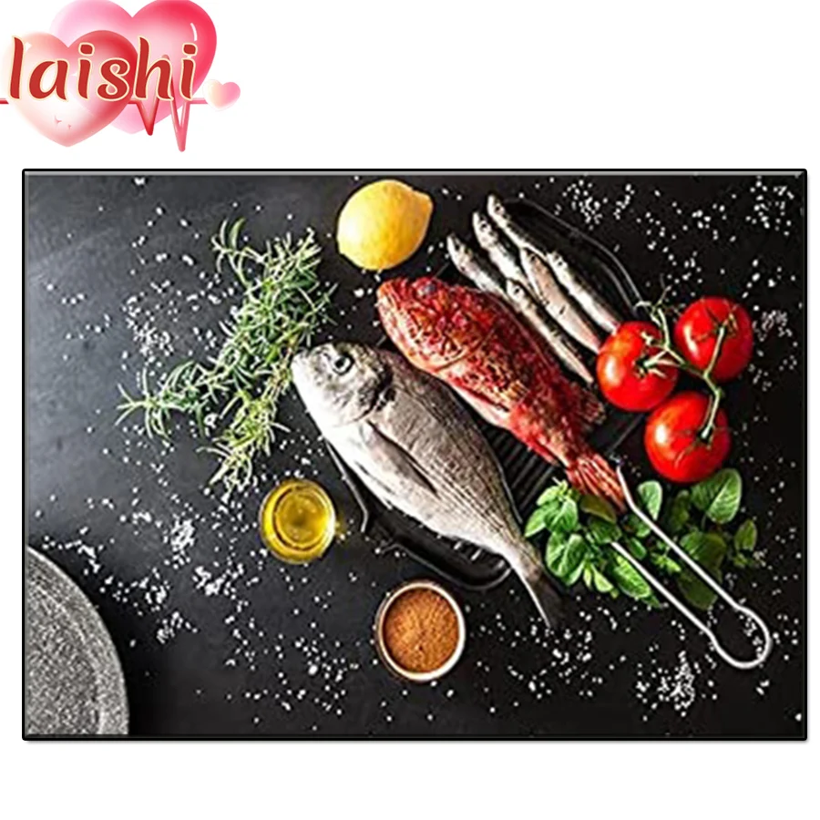 DIY 5D Kitchen decoration, grilled fish Full Drill Square Diamond Diamond Painting Diamond Embroidery Rhinestone Mosaic Painting