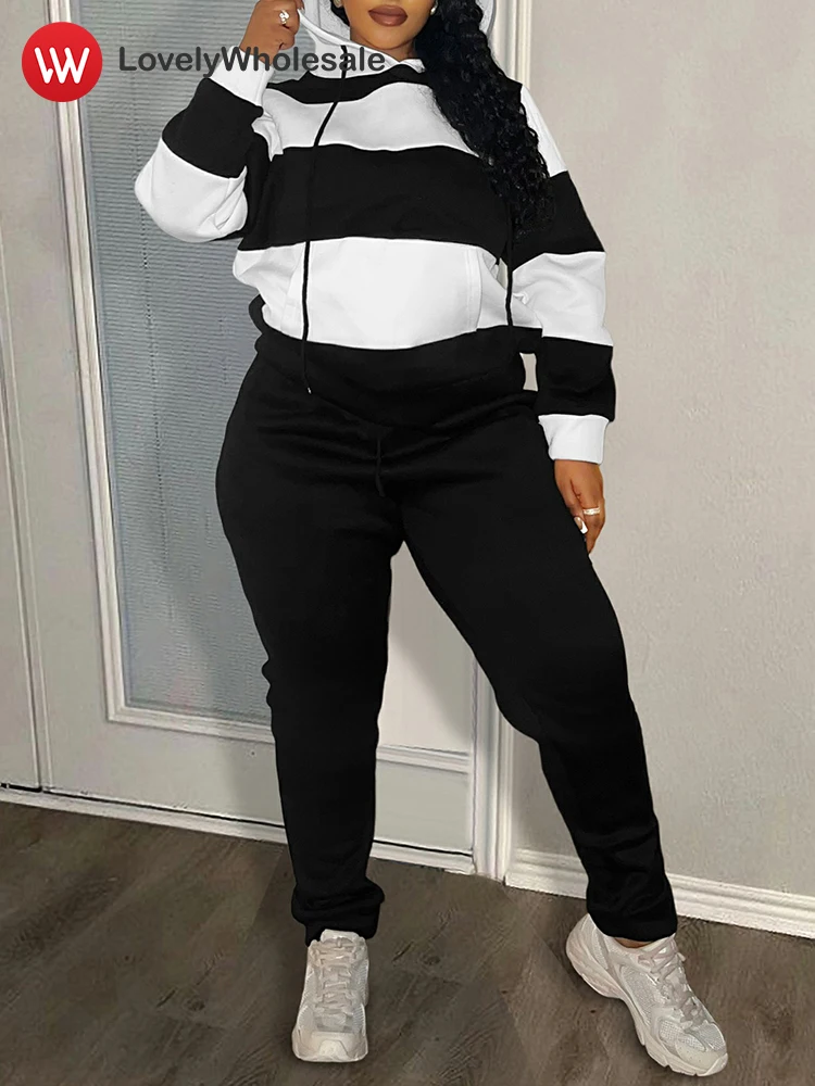 

LW Plus Size Two-piece Pant Sets Women Autumn Casual Striped Hooded Sweatshirt Tops Woman 2024 Casual Large Size Tracksuit Sets