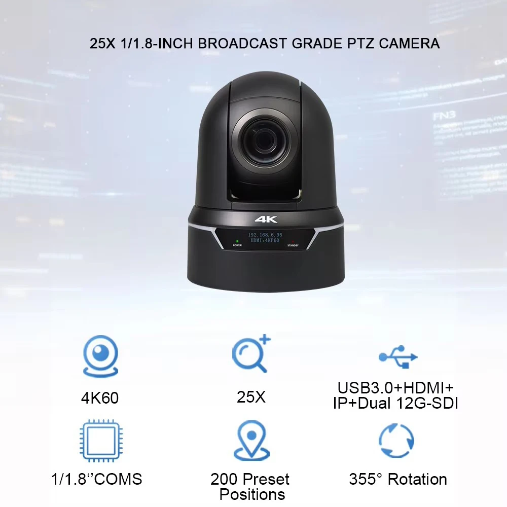 4k Ultra HD PTZ live streaming camera 25X Optical zoom NDI Ptz Camera with USB3.0+HDM I+IP+Dual 12G-SDI Output  for Church ,Vmix