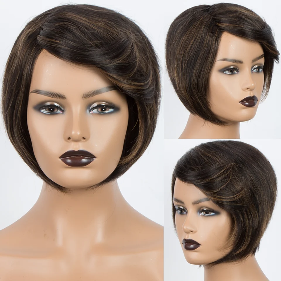 Pelucas de cabello humano para mujer, pelo corto recto Bob con flequillo, sin encaje, hecho a máquina