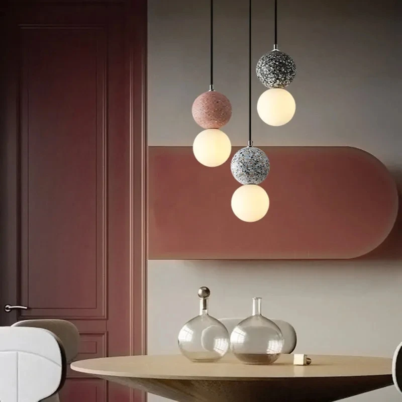 

Modern Style Pendant Lamps Terrazzo Round Ball Glass Stone Chandeliers Bedroom Study Parlor Home Decor Simple Hanging Lights