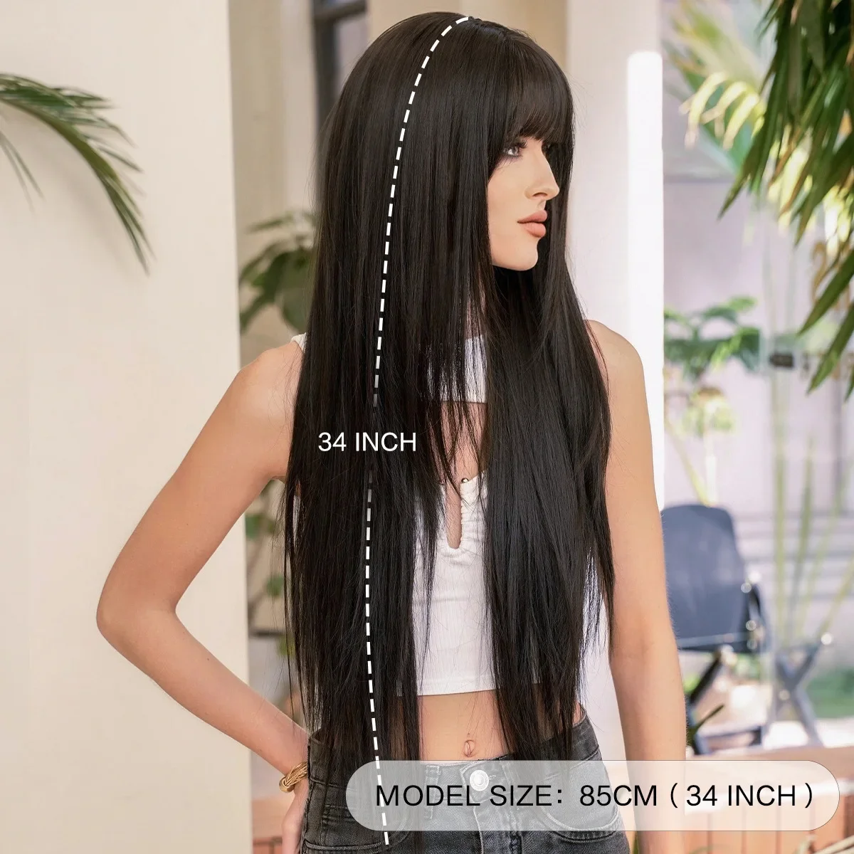 34-inch Synthetic Wig, Extra Long Straight Hair, Black Bangs, Wig Suitable for Women, Natural Cosplay Party, Heat Resistant