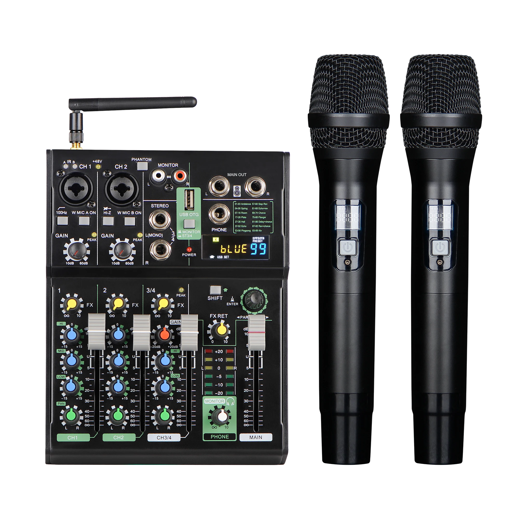 جهاز مزج الصوت AMIXS مع 2 ميكروفون لاسلكي وبطاقة صوت و4 قنوات بلوتوث DJ وحدة تحكم الصوت #4