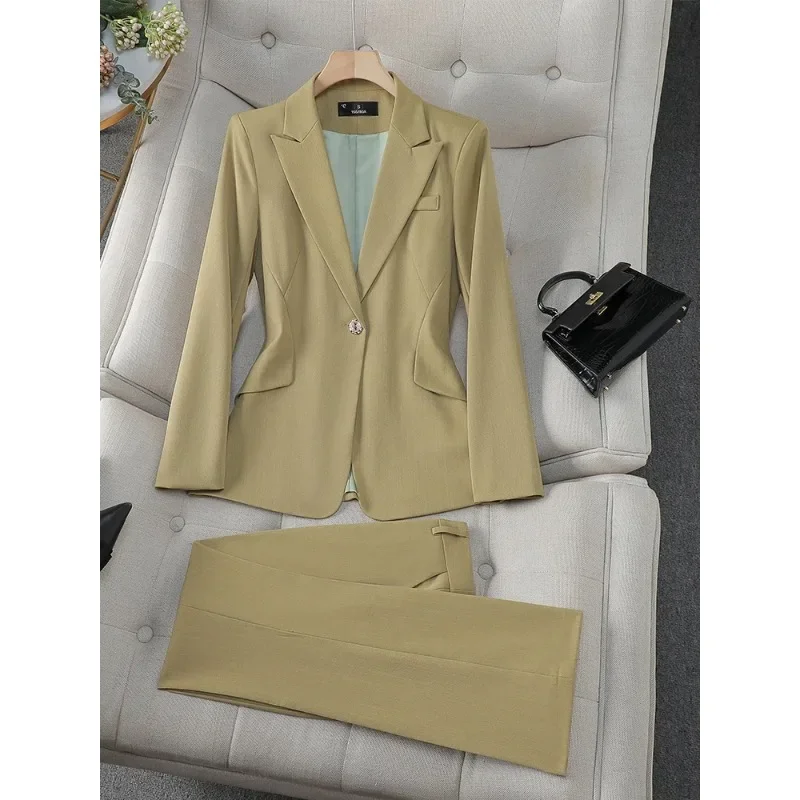 Ladies Formal Pant Suit Set Women Orange Pink Green Female Business Work Wear Long Sleeve 2 Piece Blazer Jacket And Trouser