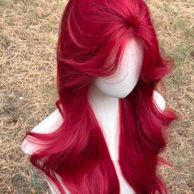 Rode pruik, lang haar, kunsthaar gesimuleerd haar, anime spelaccessoires, cosplay, volledig hoofddeksel, krullend haar, fotoshow rekwisieten