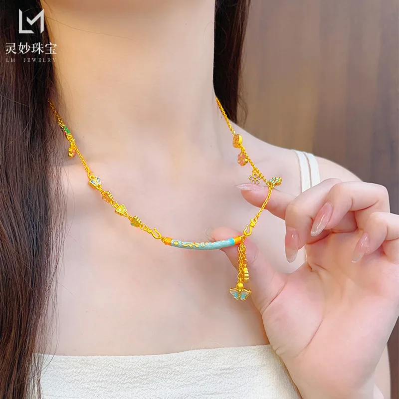 

9999 24K real gold store same style women's gold necklace butterfly tassel Chinese style collarbone chain luxury jewelry